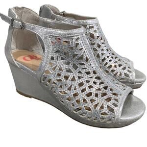 girls dress shoes, wedge heels, silver rhinestones, size 2 GB